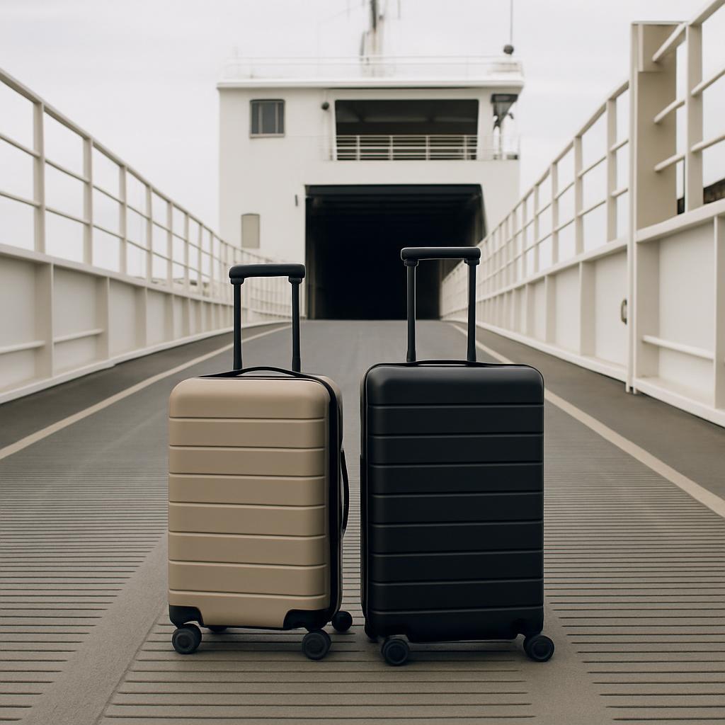A beige and black suitcase sits on a ferry, complete with a handle, wheels, and stacked rectangles resembling horizontal s...